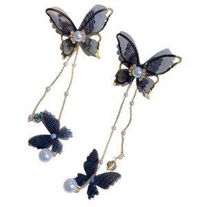 Black Goth Butterfly Ethereal Fairy Mesh Lace Long Dangle Earrings